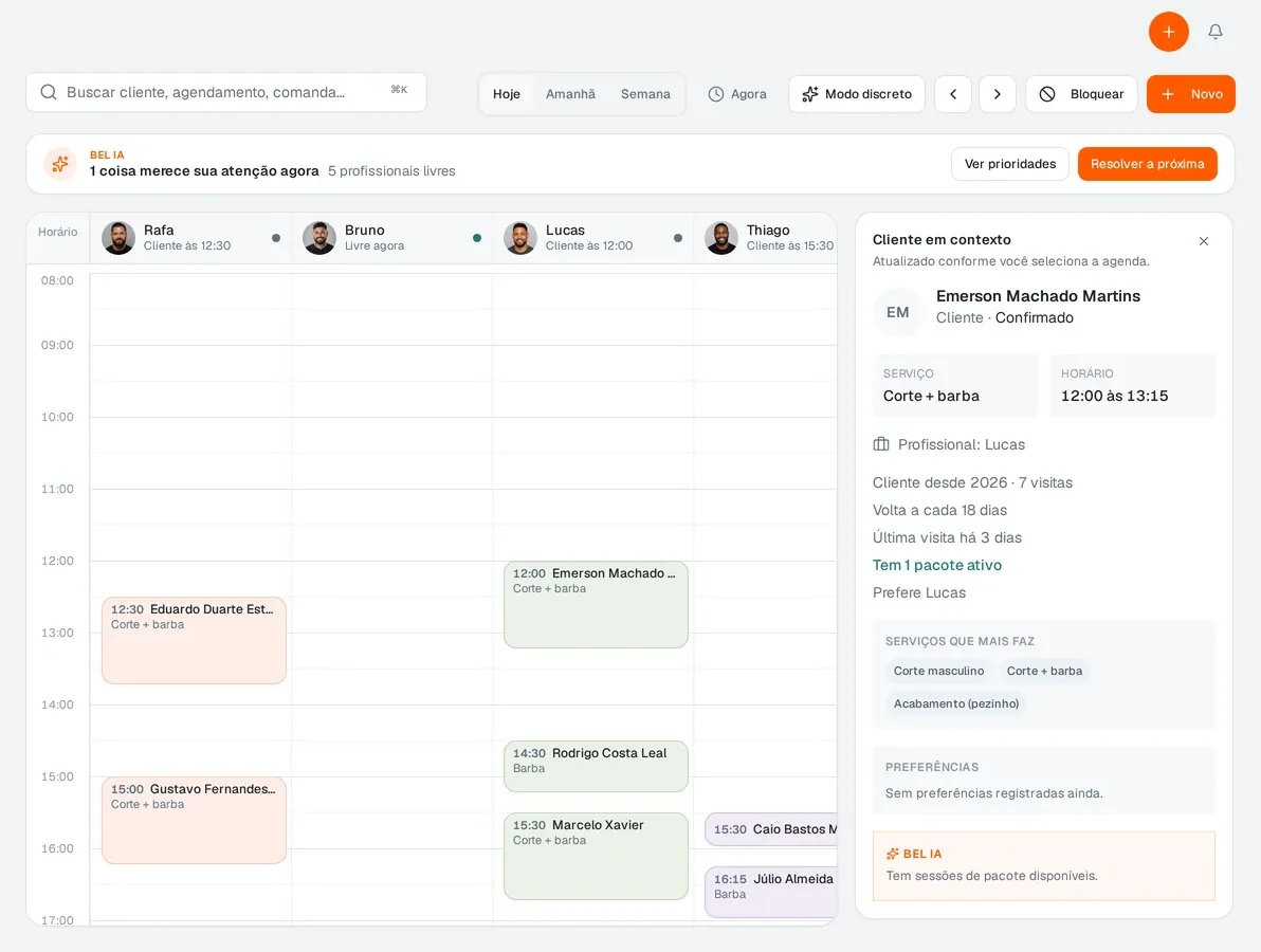 Agenda da bel por profissional, com atendimentos do dia e o contexto do cliente ao lado