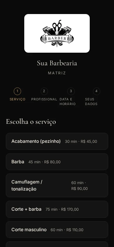 Página pública de agendamento aberta no celular, na etapa de escolha do serviço