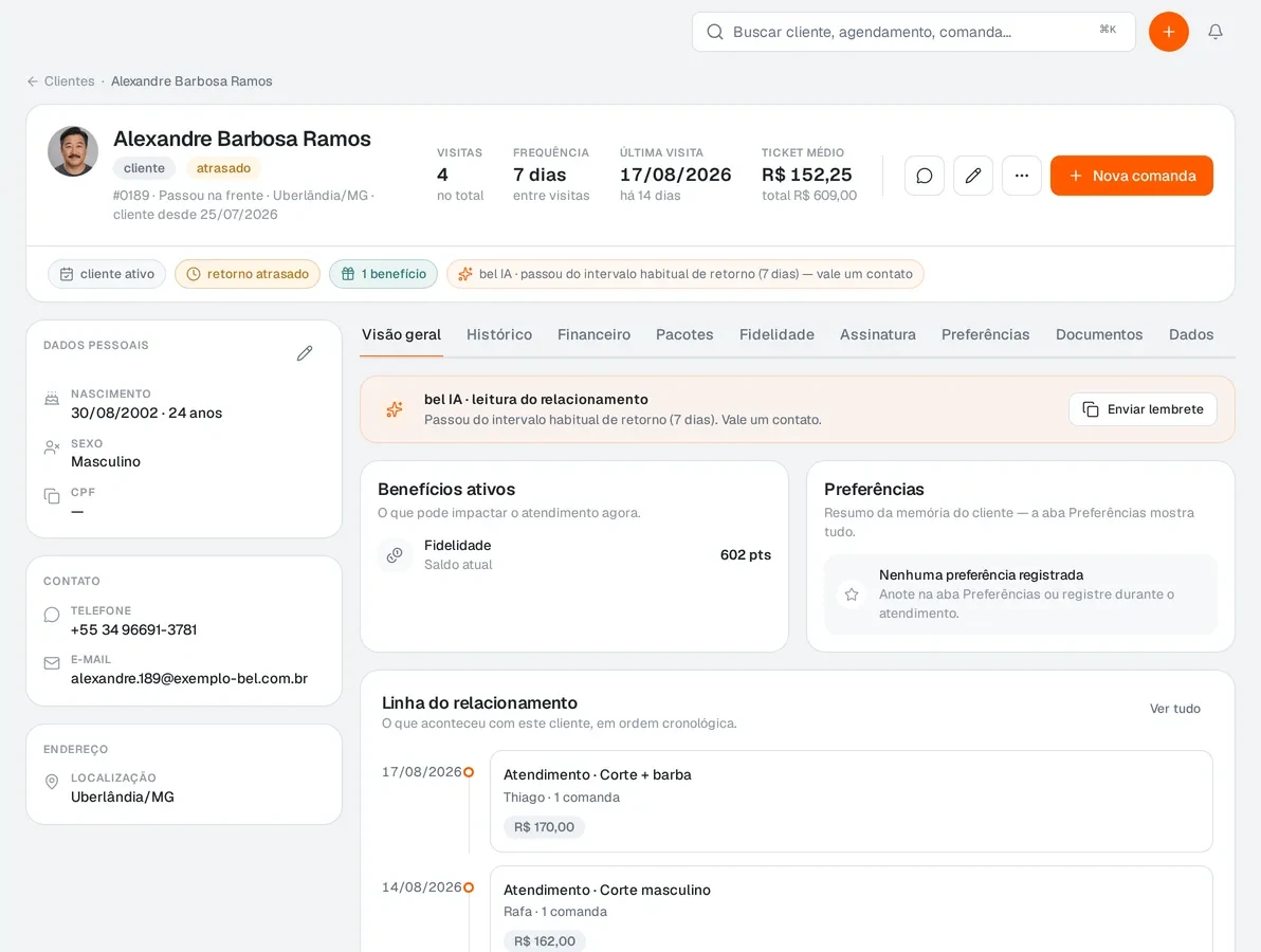 Ficha do cliente na bel com foto, indicadores, benefícios ativos e linha do relacionamento