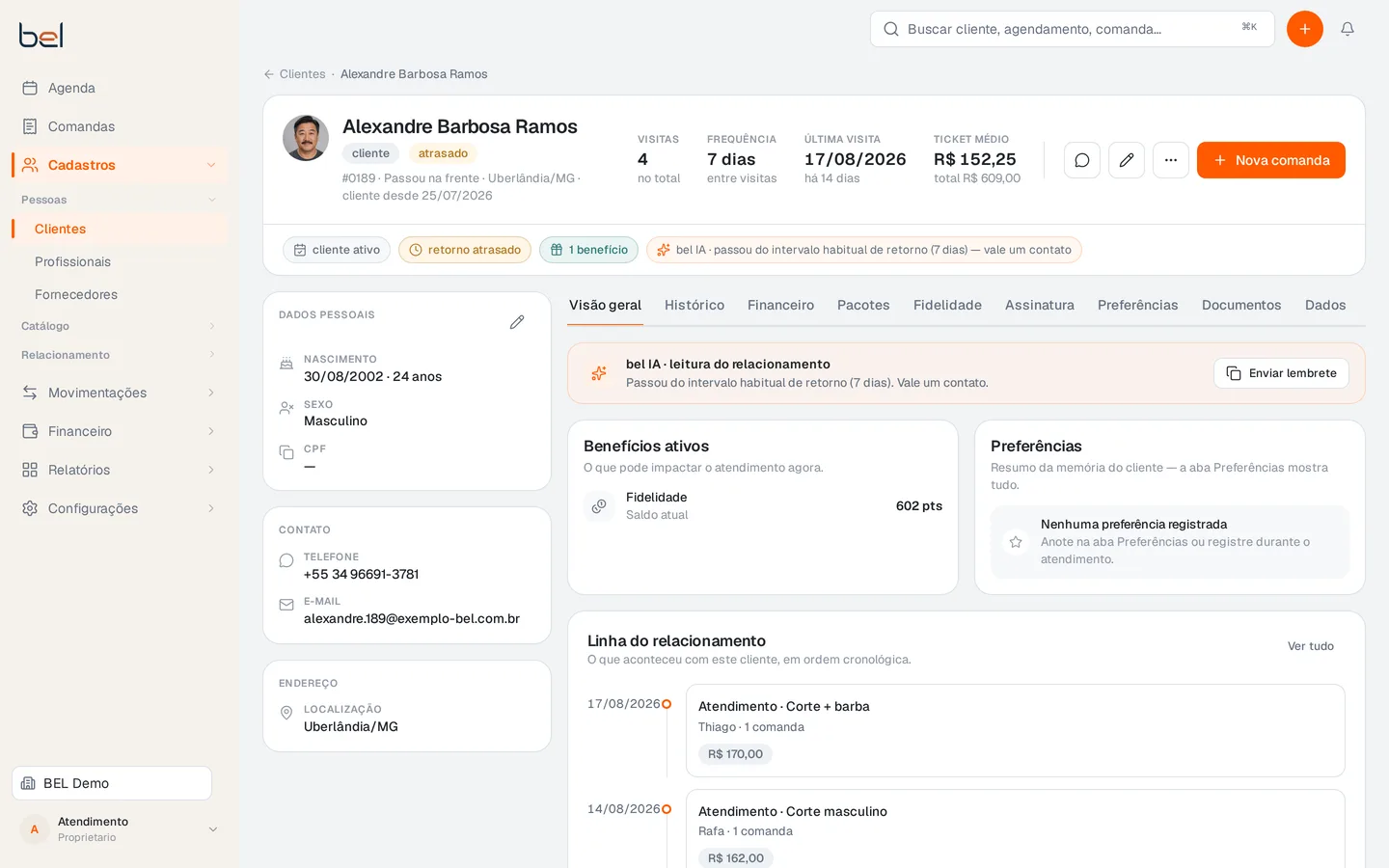 Ficha do cliente na bel com foto, indicadores, benefícios ativos e linha do relacionamento