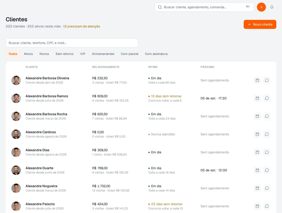 Lista de clientes da bel com ritmo de retorno e quem está atrasado para voltar